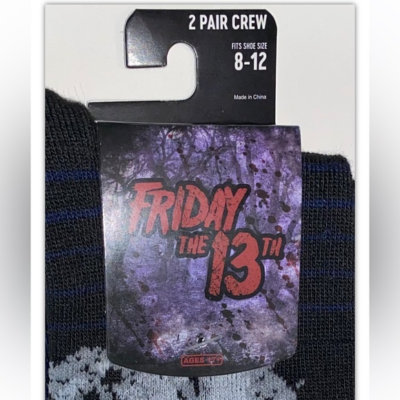 Friday The 13th Crew Socks 2 Pair Men 8-12 Black Gray Mask Jason Voorhees Horror - Picture 4 of 12